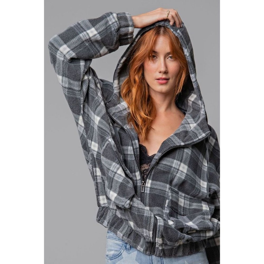 Easel Grey Plaid Fleece Flap Pocket Zip Up Front Loose Fit Relaxed Hoodie Jacket